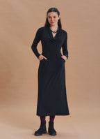 Cowl Neck Pocket Detail Black Long Sleeve Dress