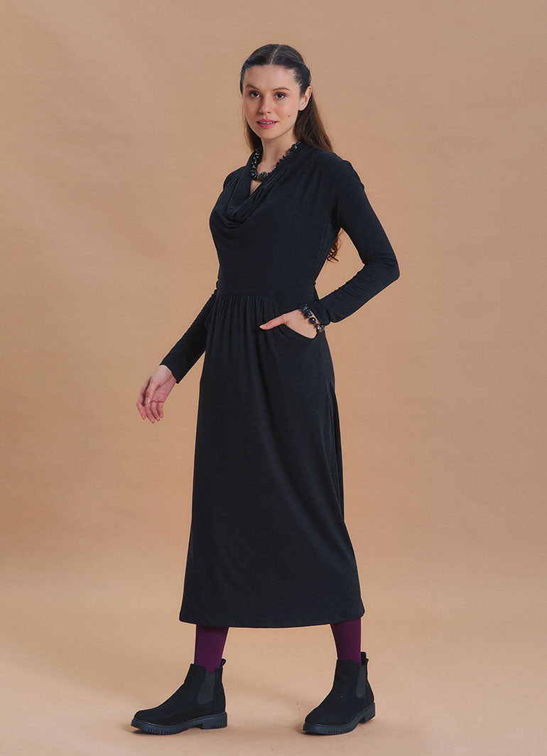 Cowl Neck Pocket Detail Black Long Sleeve Dress