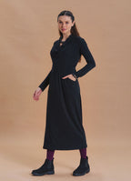 Cowl Neck Pocket Detail Black Long Sleeve Dress