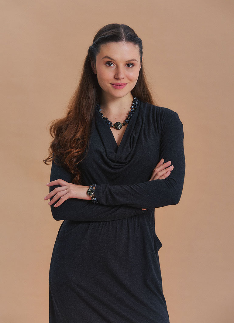 Cowl Neck Pocket Detail Black Long Sleeve Dress