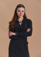 Cowl Neck Pocket Detail Black Long Sleeve Dress