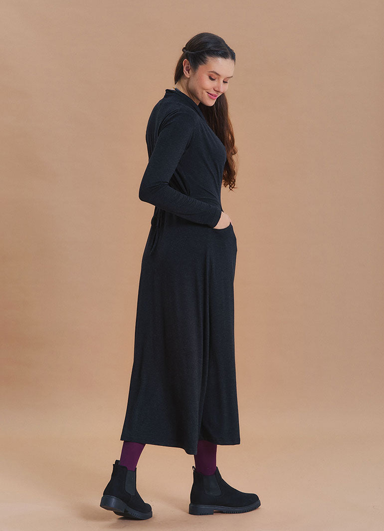 Cowl Neck Pocket Detail Black Long Sleeve Dress