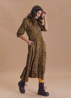Shirt Collar Pocket Detail Khaki Ethnic Print Dress