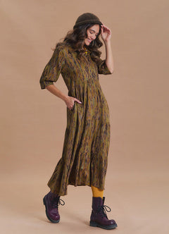 Shirt Collar Pocket Detail Khaki Ethnic Print Dress