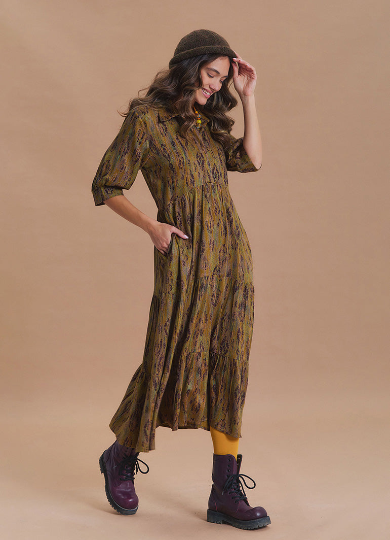 Shirt Collar Pocket Detail Khaki Ethnic Print Dress