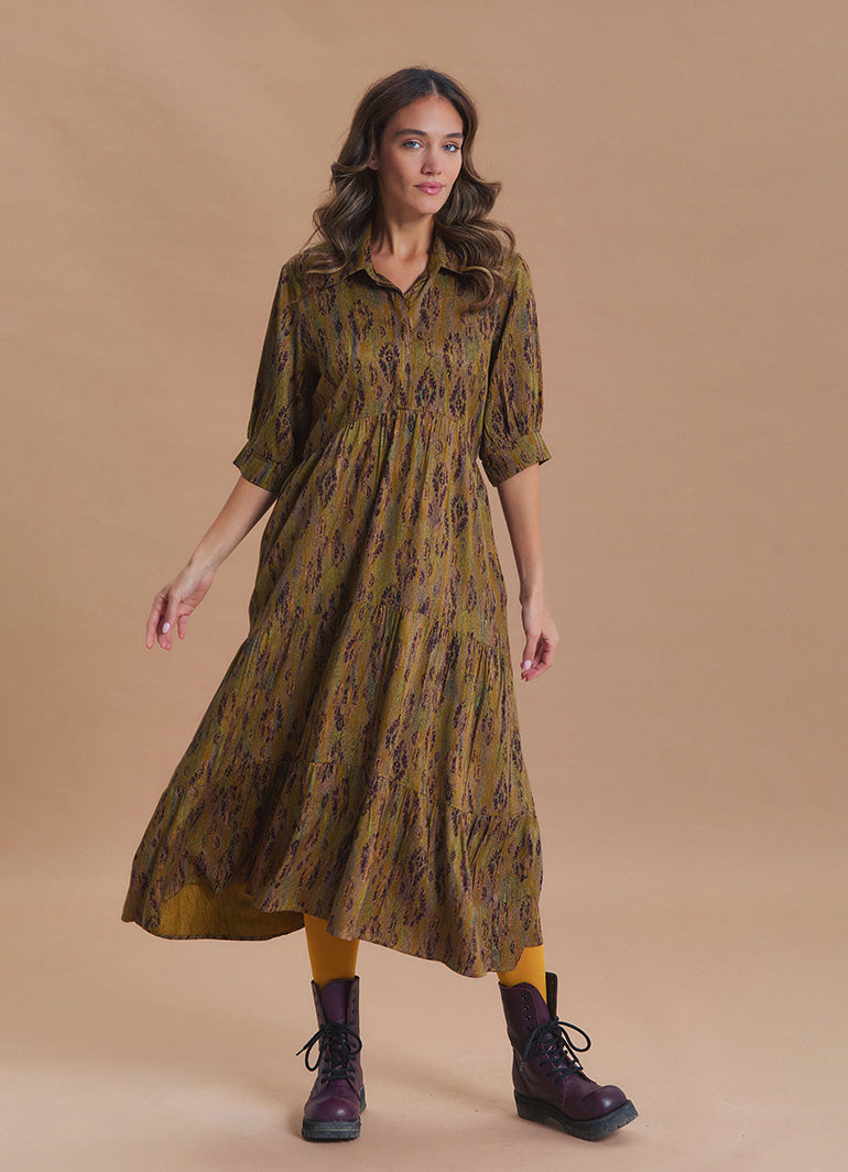Shirt Collar Pocket Detail Khaki Ethnic Print Dress