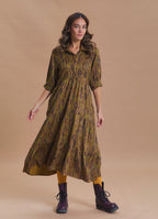 Shirt Collar Pocket Detail Khaki Ethnic Print Dress