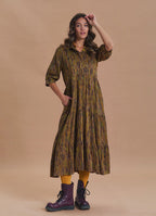 Shirt Collar Pocket Detail Khaki Ethnic Print Dress