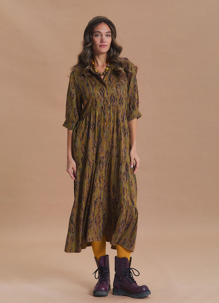 Shirt Collar Pocket Detail Khaki Ethnic Print Dress