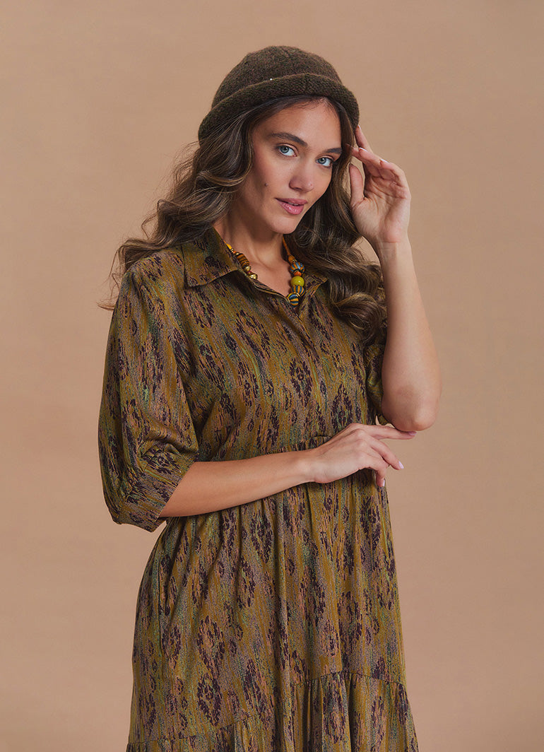 Shirt Collar Pocket Detail Khaki Ethnic Print Dress