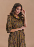Shirt Collar Pocket Detail Khaki Ethnic Print Dress