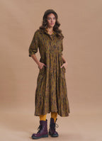 Shirt Collar Pocket Detail Khaki Ethnic Print Dress