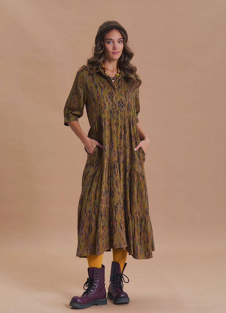 Shirt Collar Pocket Detail Khaki Ethnic Print Dress