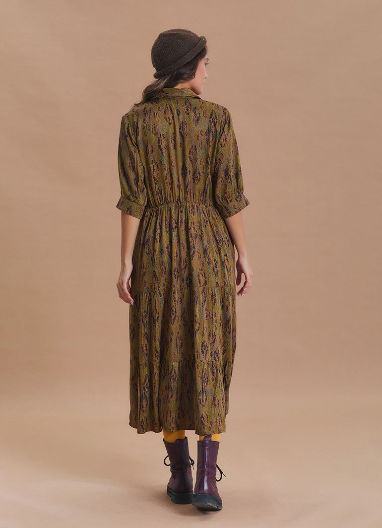 Shirt Collar Pocket Detail Khaki Ethnic Print Dress