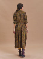 Shirt Collar Pocket Detail Khaki Ethnic Print Dress