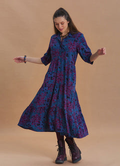 Shirt Collar Pocket Detail Indigo Floral Dress