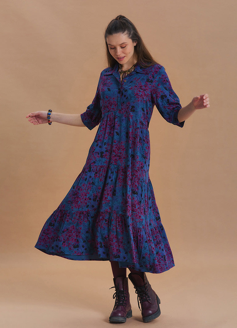 Shirt Collar Pocket Detail Indigo Floral Dress