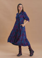 Shirt Collar Pocket Detail Indigo Floral Dress