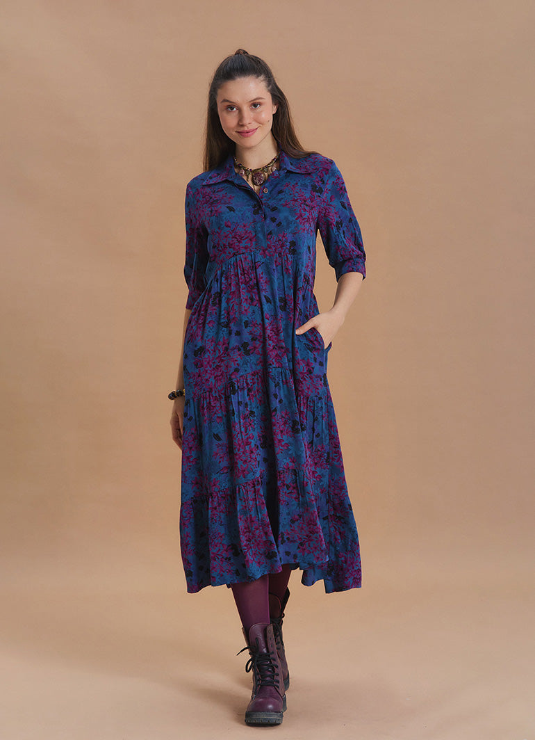 Shirt Collar Pocket Detail Indigo Floral Dress