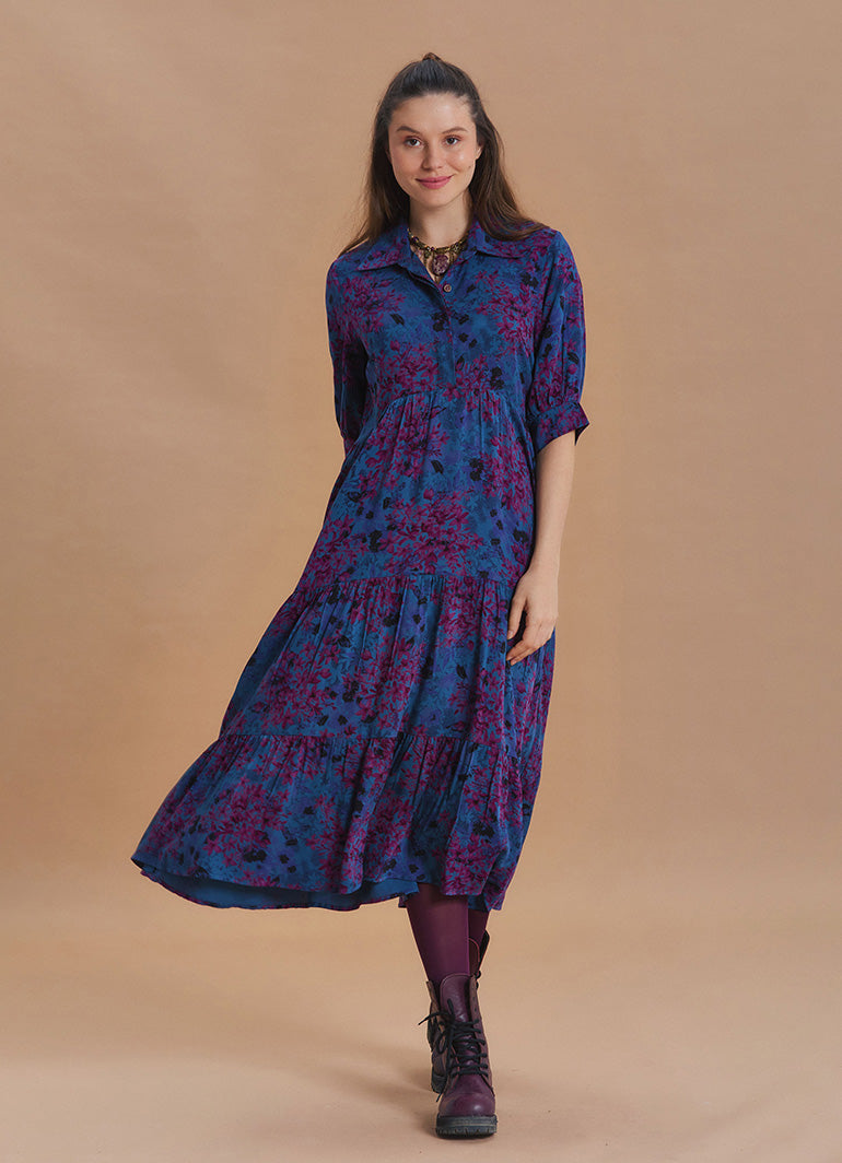 Shirt Collar Pocket Detail Indigo Floral Dress