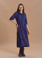 Shirt Collar Pocket Detail Indigo Floral Dress