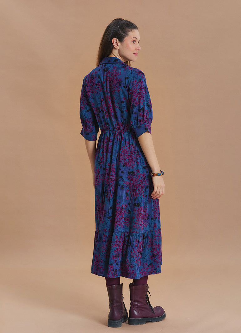 Shirt Collar Pocket Detail Indigo Floral Dress