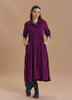 Shirt Collar Pocket Detail Plum Print Long Sleeve Dress