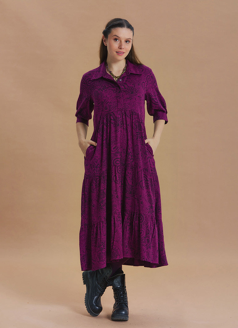 Shirt Collar Pocket Detail Plum Print Long Sleeve Dress