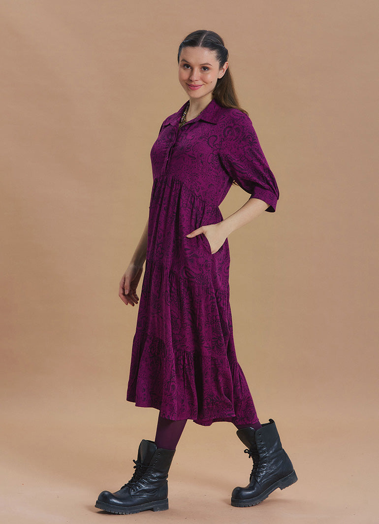 Shirt Collar Pocket Detail Plum Print Long Sleeve Dress