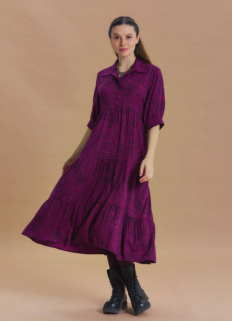 Shirt Collar Pocket Detail Plum Print Long Sleeve Dress