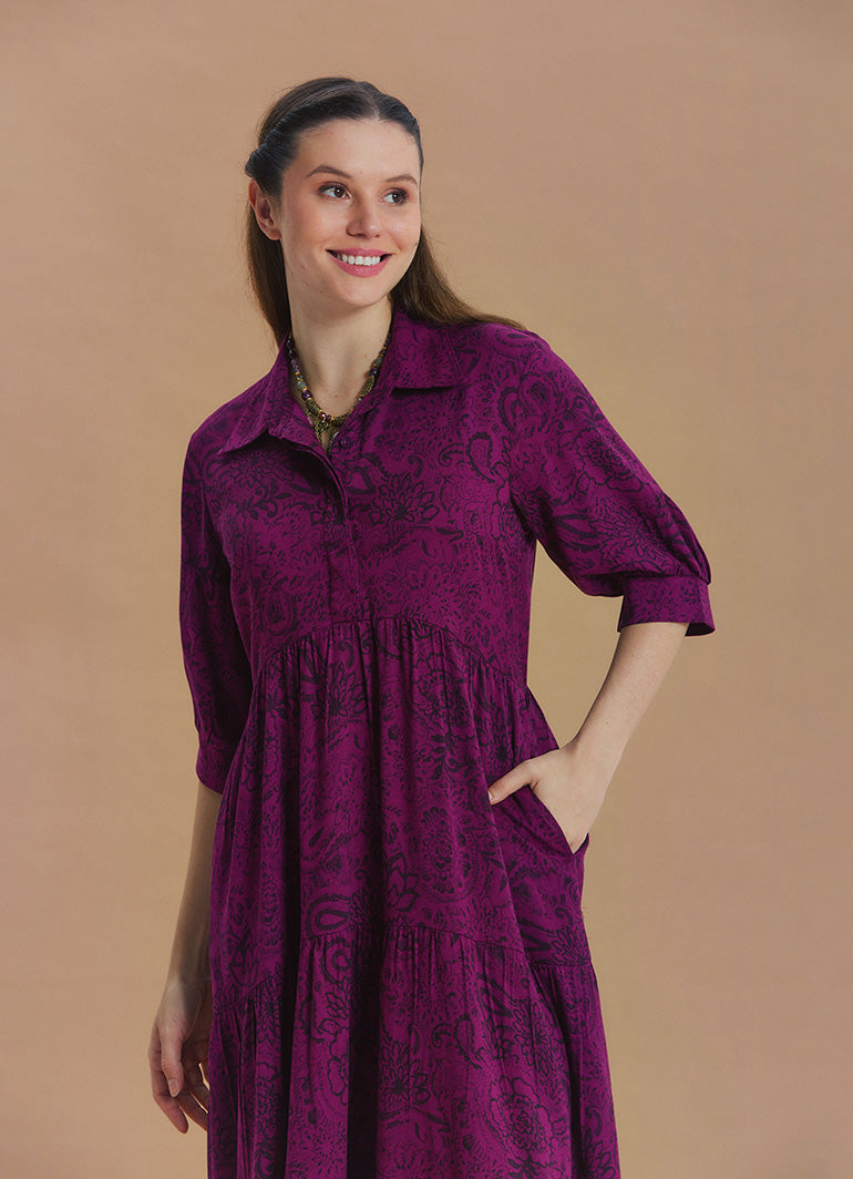 Shirt Collar Pocket Detail Plum Print Long Sleeve Dress
