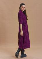 Shirt Collar Pocket Detail Plum Print Long Sleeve Dress