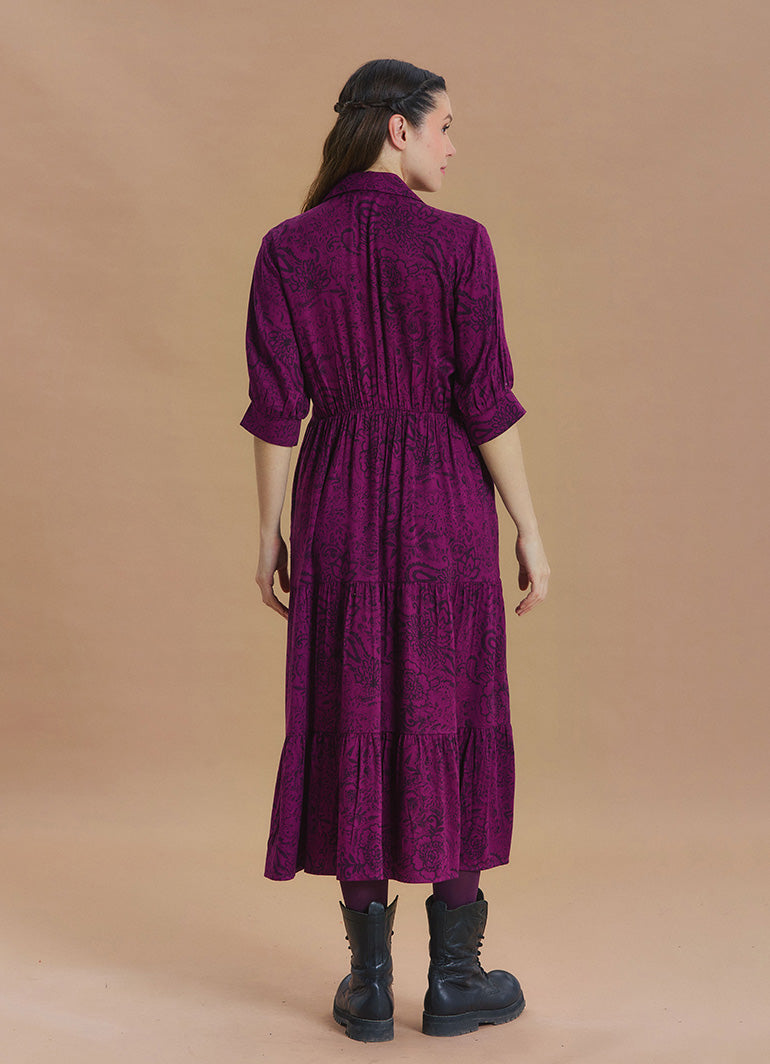 Shirt Collar Pocket Detail Plum Print Long Sleeve Dress