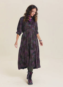 Shirt Collar Pocket Detail Black Patterned Winter Dress