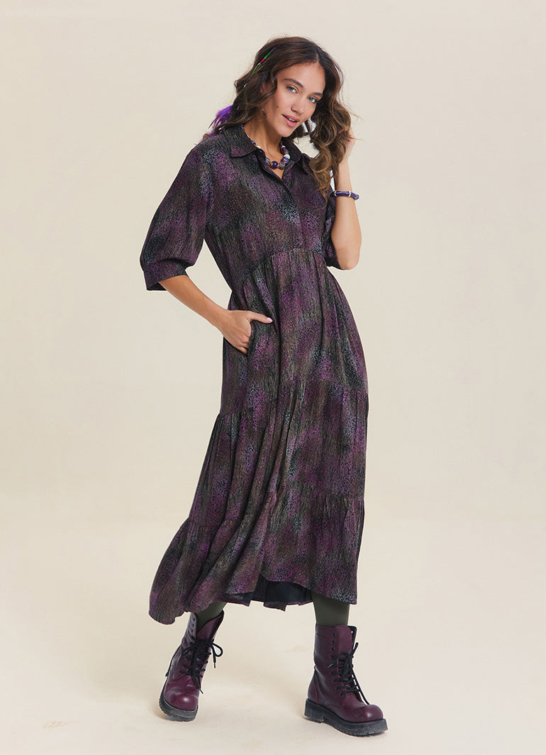 Shirt Collar Pocket Detail Black Patterned Winter Dress