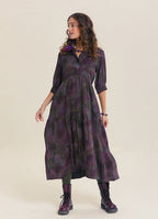 Shirt Collar Pocket Detail Black Patterned Winter Dress