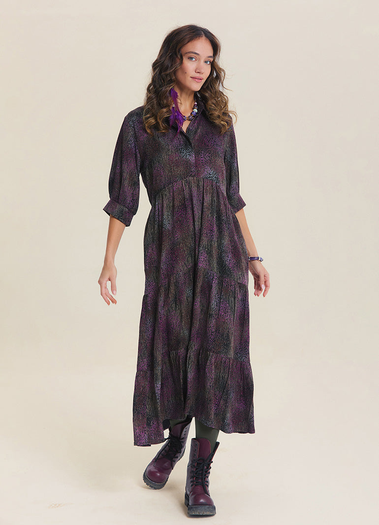 Shirt Collar Pocket Detail Black Patterned Winter Dress