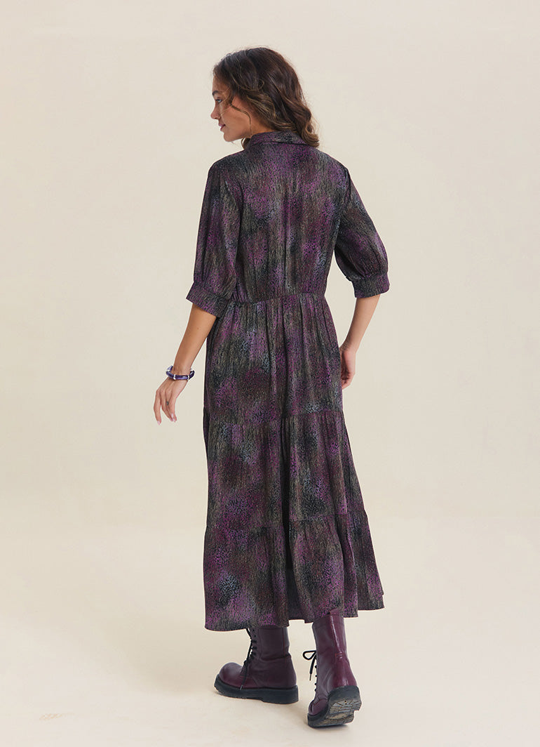 Shirt Collar Pocket Detail Black Patterned Winter Dress