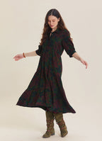 Shirt Collar Pocket Detail Green Floral Long Sleeve Dress