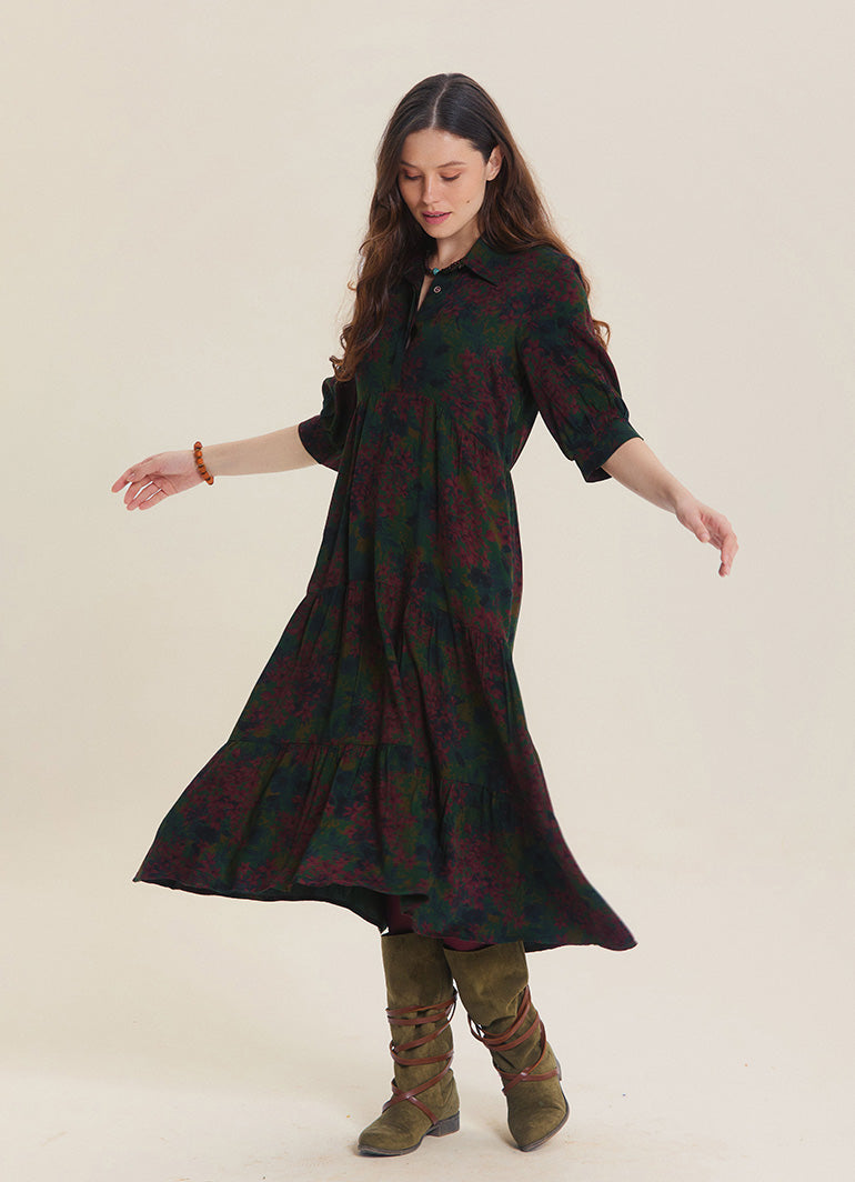 Shirt Collar Pocket Detail Green Floral Long Sleeve Dress