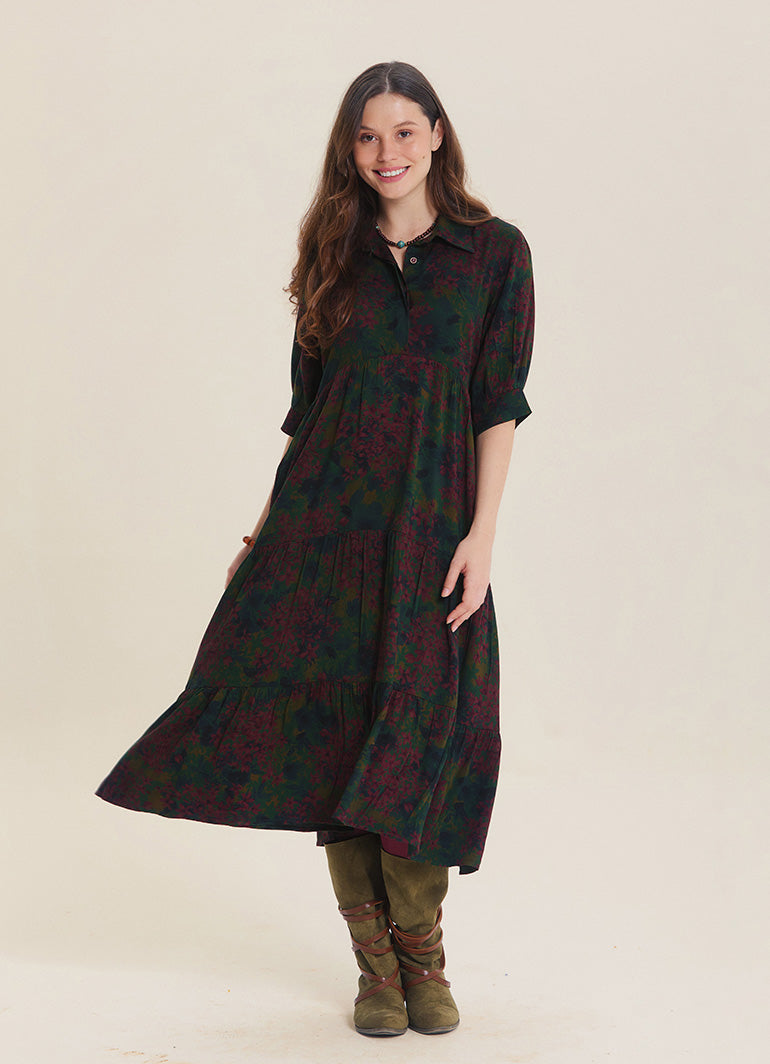 Shirt Collar Pocket Detail Green Floral Long Sleeve Dress