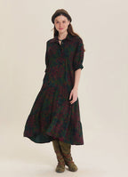 Shirt Collar Pocket Detail Green Floral Long Sleeve Dress