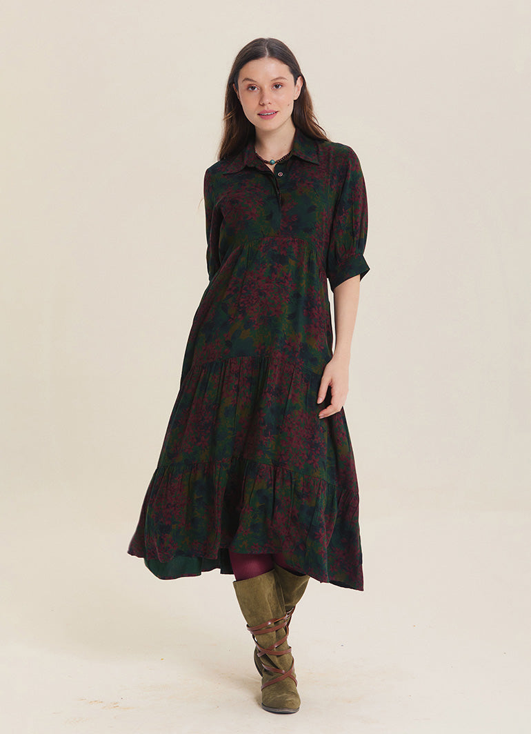 Shirt Collar Pocket Detail Green Floral Long Sleeve Dress