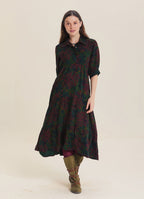 Shirt Collar Pocket Detail Green Floral Long Sleeve Dress