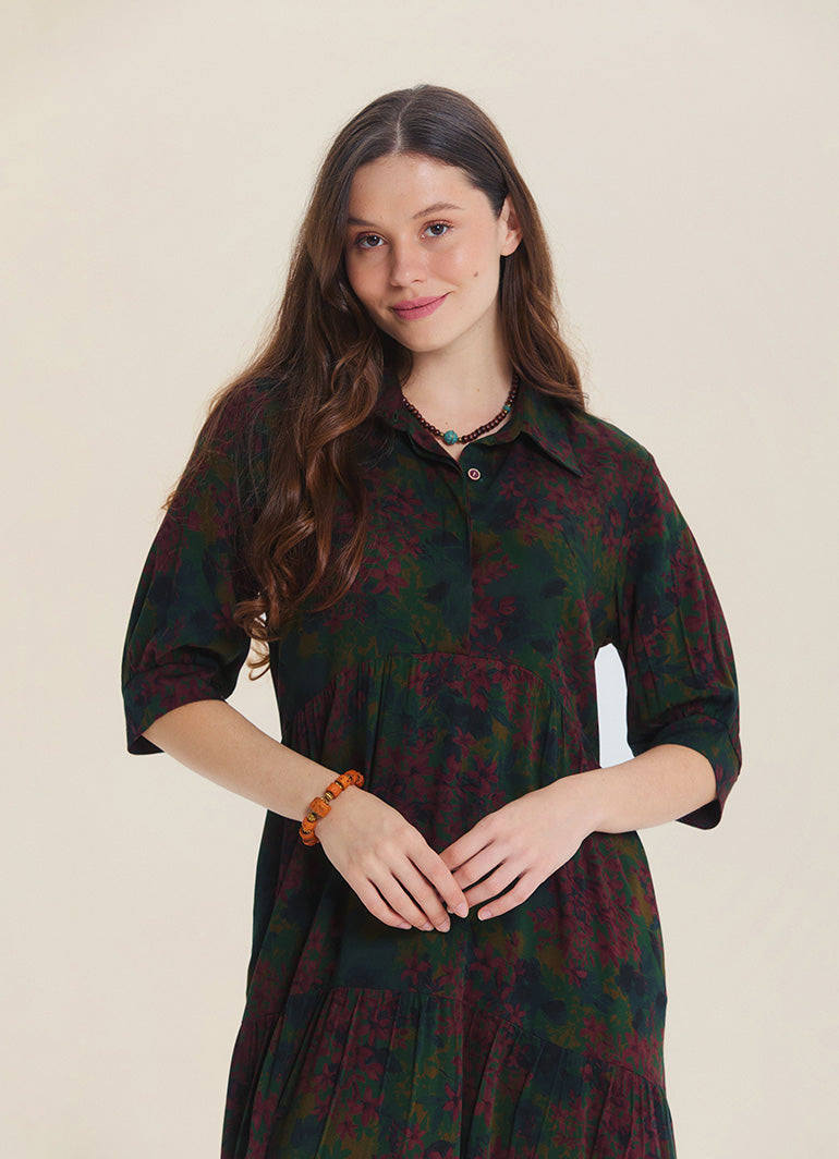 Shirt Collar Pocket Detail Green Floral Long Sleeve Dress