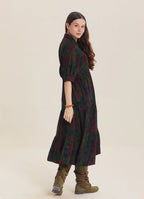 Shirt Collar Pocket Detail Green Floral Long Sleeve Dress