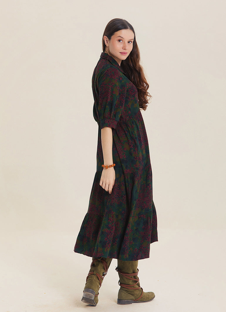 Shirt Collar Pocket Detail Green Floral Long Sleeve Dress