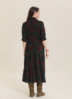Shirt Collar Pocket Detail Green Floral Long Sleeve Dress