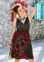 Double Breasted Neck Line Shirred Waist Bohemian Sundress