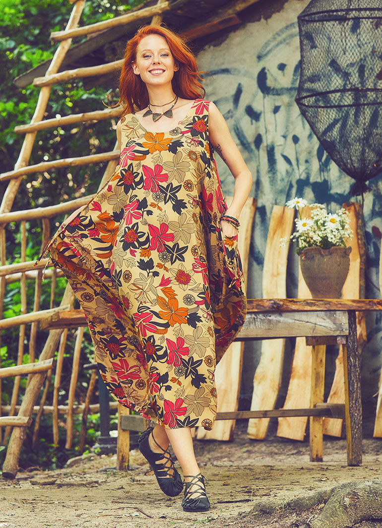 Scoop Neck Button Detail Pockets Loose Fit Boho Style Beige Flower Long Dress